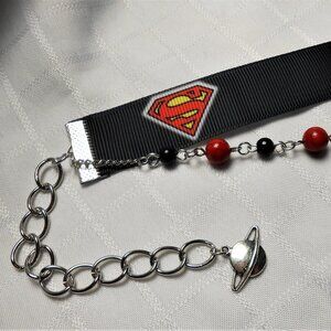 No614 Statement handmade two rows choker necklace with Superman patterned ribbo
